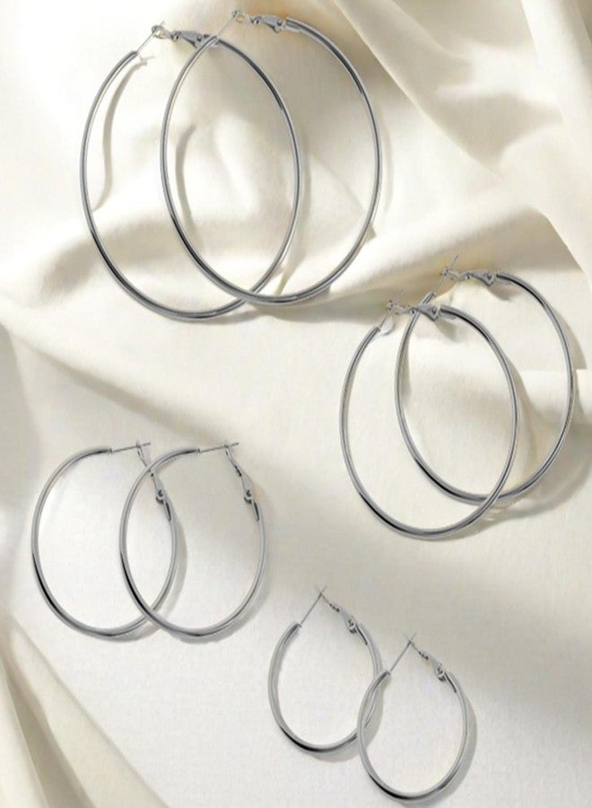 YINCUO 4 Pairs Stainless Steel Hoop Silver 30/40/50/60 mm Earrings for Women Hoops Hypoallergenic Thin Lightweight Dangle Set - Image 4
